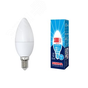 Лампа светодиодная LED-C37-11W/NW/E14/FR/NR Форма свеча, матовая. Серия Norma. Белый свет (4000K). Картон. ТМ Volpe