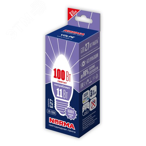 Лампа светодиодная LED-C37-11W/DW/E27/FR/NR . Форма свеча, матовая, Norma, дневной белый свет (6500K), картон, ТМ Volpe - фото 3
