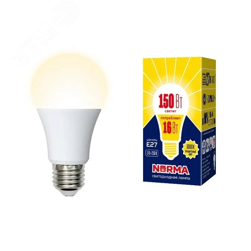 Лампа светодиодная LED-A60-16W/WW/E27/FR/NR Форма A, матовая, Norma, теплый белый свет (3000K), картон, ТМ Volpe - фото 3