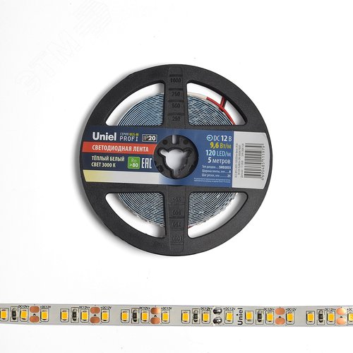 Лента светодиодная гибкая на самоклеящейся основе. ULS-M13-2835-120LED/m-8mm-IP20-DC12V-9,6W/m-5M-3000K PROFI Катушка 5 м. в герметичной упаковке. Теплый белый свет(3000К) - фото 2