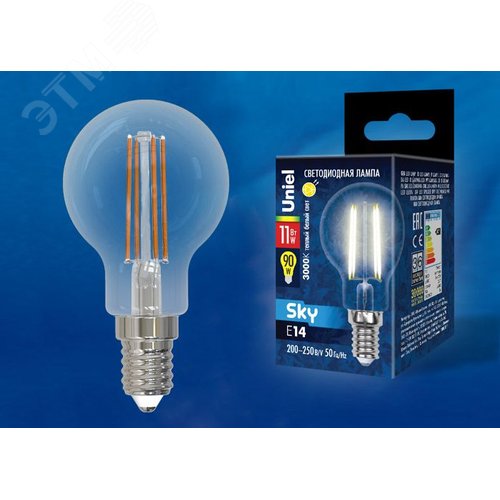 Лампа светодиодная, LED-G45-11W/3000K/E14/CL PLS02WH Форма шар, прозрачная, Серия Sky, Теплый белый свет (3000К). картон, ТМ - фото 2