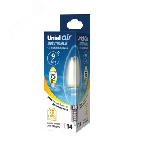 Лампа светодиодная LED-C35-9W/3000K/E14/CL/DIM GLA01TR диммируемая форма ''свеча'' прозрачная Air теплый (3000K) картон - фото 4