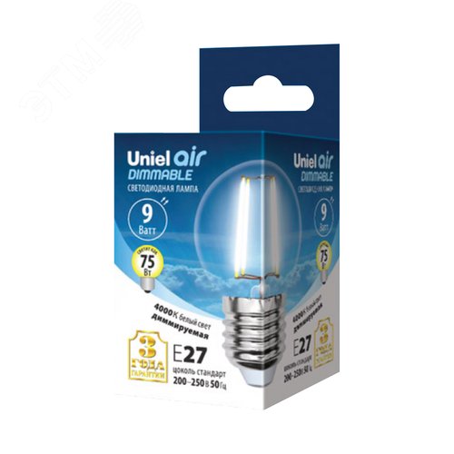 Лампа светодиодная диммируемая Форма шар LED-G45-9W/3000K/E27/CL/DIM GLA01TR прозрачная Air Теплый (3000K) Картон - фото 3