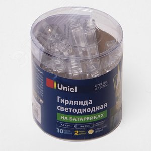 Гирлянда светодиодная на батарейках 2AA (не в/к) Прищепки 2м 10 светодиодов Теплый белый свет Провод прозрачный ULD-S0200-010/STB/2AA WARM WHITE IP20 CLIPS - фото 1