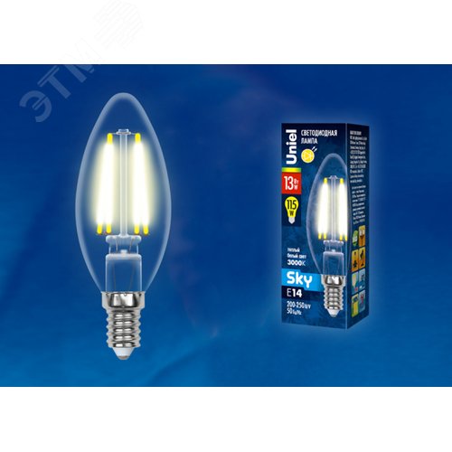 Лампа светодиодая LED-C35-13W/3000K/E14/CL PLS02WH. Форма свеча, прозрачная, Серия Sky, Теплый белый свет (3000К) - фото 3
