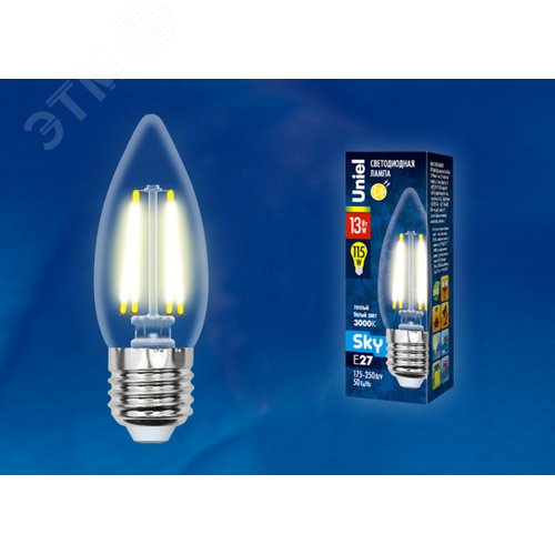 Лампа светодиодная,LED-C35-13W/3000K/E27/CL PLS02WH картон Форма свеча, прозрачная, Sky, Теплый (3000К). Картон - фото 2