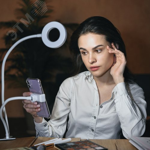 Светильник светодиодный, с диммером и штативом для телефона. ULK-F51-8W/SW/DIM IP20 WHITE Серия Backstage. Теплый свет(3000К)/Белый свет(4000К)/Дневной свет(6500К). Белый. - фото 9