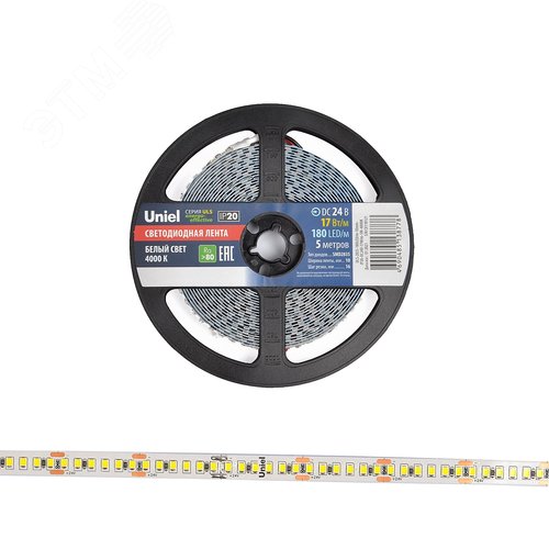 Лента светодиодная гибкая на самоклеящейся основе. ULS-2835-180LED/m-10mm-IP20-DC24V-17W/m-5M-4000K Катушка 5м. в герметичной упаковке. Белый свет(4000К) - фото 3