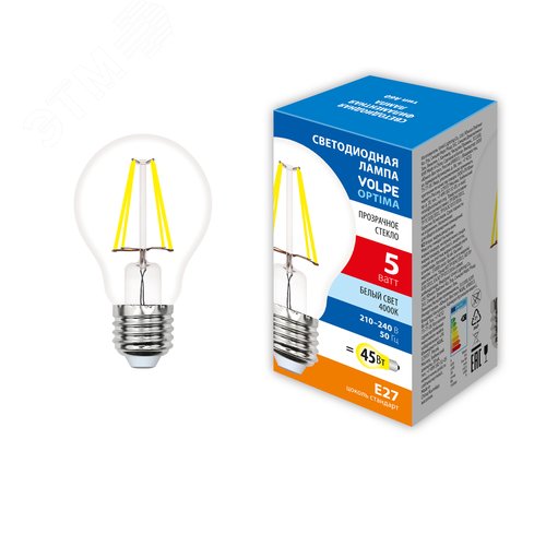 Лампа светодиодная LED-A60-5W/4000K/E27/CL/SLF Форма A прозрачная (4000K) - фото 2