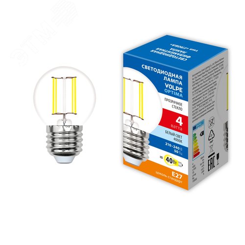 Лампа светодиодная, LED-G45-4W/4000K/E27/CL/SLF форма шар, прозрачная, белый свет (4000K), ТМ Volpe - фото 2