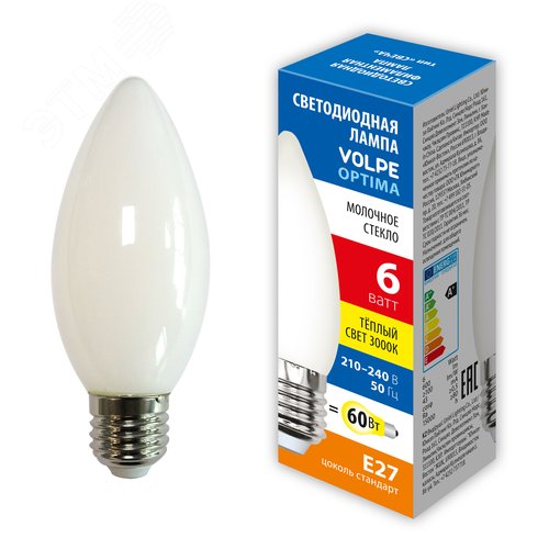 Лампа светодиодная, LED-C35-6W/3000K/E27/FR/SLF форма свеча, матовая, теплый (3000K) - фото 2