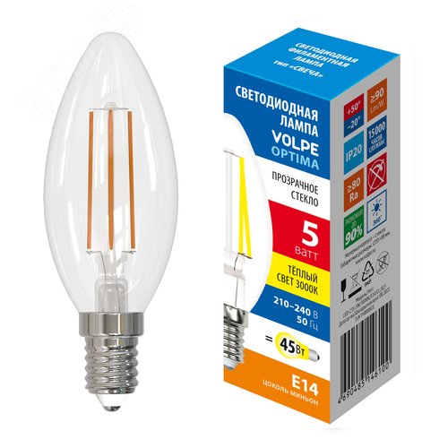 Лампа светодиодная, форма свеча, LED-C35-5W/3000K/E14/CL/SLF прозрачная, теплый (3000K) - фото 2