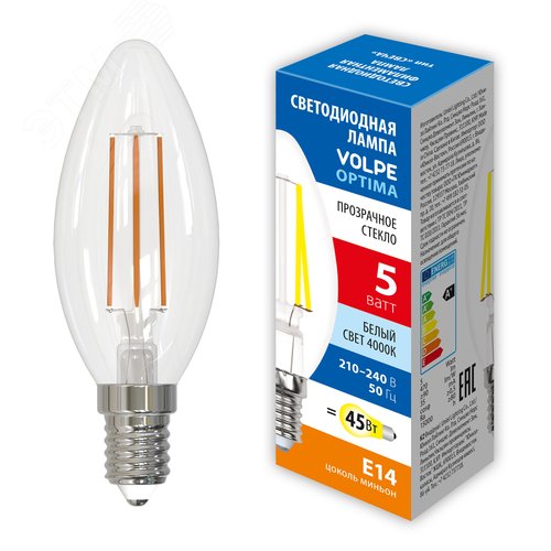 Лампа светодиодная, LED-C35-5W/4000K/E14/CL/SLF форма свеча, прозрачная, белый свет (4000K), ТМ Volpe - фото 2