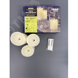 Фигура светодиодная Свеча на батарейках 2AA (не в/к) в составе набора из 3 штук Диммируемые 1 светодиод Теплый белый свет Пульт ДУ (в/к) ULD-F055 WARM WHITE RC CANDLE SET3 - фото 2