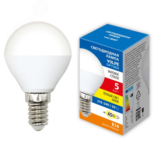 Лампа светодиодная Форма шар матовая Теплый белый свет 3000K LED-G45-5W/3000K/E14/FR/SLS - фото 2