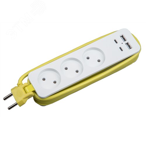 Изображение товара Удлинитель Travel шнур 1,8м 3 гнездa 10A без заземления 2USB+2TYPE C 3,1A белый с салатовым ТМ S-CT3-1,8UC WHITE/GREEN (шт)