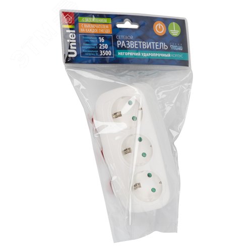 Разветвитель сетевой S-GES3-16OB WHITE с выключателем, с/з. 3 гнезда. 16А, 3500Вт. Белый - фото 6