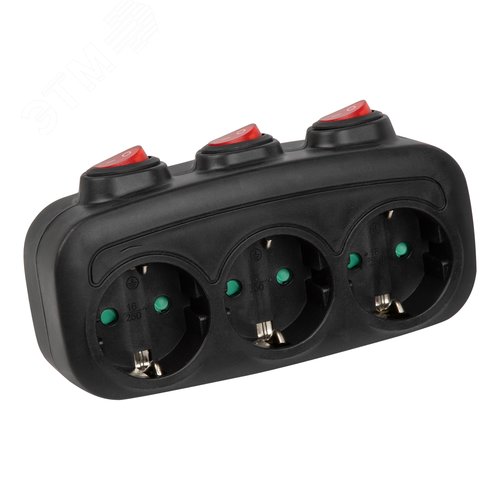 Разветвитель сетевой S-GES3-16OB BLACK с выключателм, с/з. 3 гнезда. 16А, 3500Вт. Черный. ТМ Uniel - фото 1