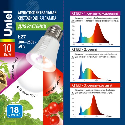 Лампа светодиодная для растений Форма A прозрачная Три спектра для проращивания роста и цветения LED-A60-10W/SPM3/E27/CL PLP35WH MULTIPLANT - фото 9