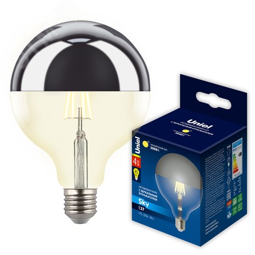 Лампа светодиодная 4 Вт Форма шар прозрачная колба с зеркальным отражателем D125 mm Серия Sky Теплый белый свет 3000K упаковка Картон ТМ LED-G125-4W/3000K/E27/CL MIRROR/CHROME PLS02WH - фото 7