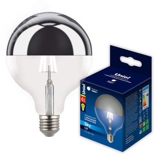 Лампа светодиодная 4 Вт Форма шар прозрачная колба с зеркальным отражателем D125 mm Серия Sky Белый свет 4000K упаковка Картон ТМ LED-G125-4W/4000K/E27/CL MIRROR/CHROME PLS02WH - фото 3