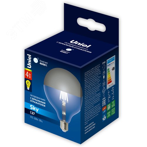 Лампа светодиодная 4 Вт Форма шар прозрачная колба с зеркальным отражателем D125 mm Серия Sky Белый свет 4000K упаковка Картон ТМ LED-G125-4W/4000K/E27/CL MIRROR/CHROME PLS02WH - фото 4