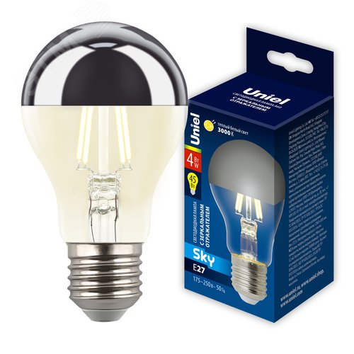 Лампа светодиодная 4 Вт Форма A прозрачная колба с зеркальным отражателем Серия Sky Теплый белый свет 3000K Картон ТМ LED-A60-4W/3000K/E27/CL MIRROR/CHROME PLS02WH - фото 5