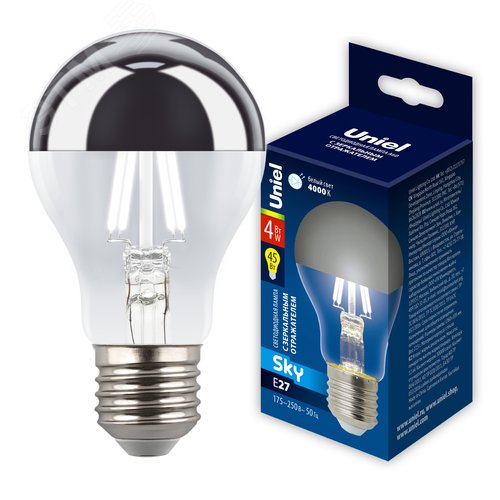 Лампа светодиодная 4 Вт Форма A прозрачная колба с зеркальным отражателем Серия Sky Белый свет 4000K Картон ТМ LED-A60-4W/4000K/E27/CL MIRROR/CHROME PLS02WH - фото 5