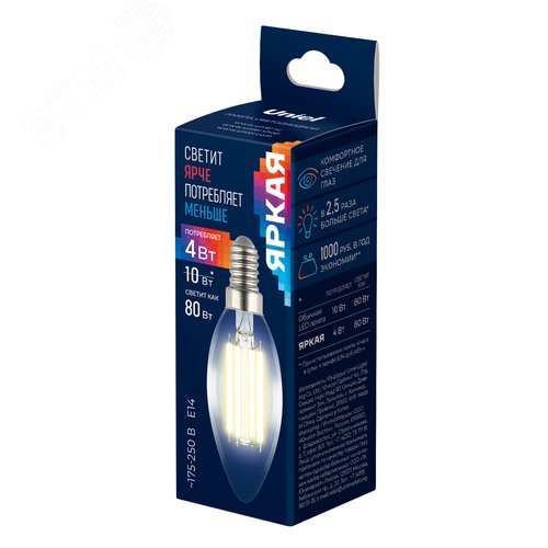 Лампа светодиодная 4 Вт Форма свеча прозрачная Серия Яркая A++. Теплый белый свет (3000K). картон LED-C35-4W/3000K/E14/CL GLY01TR - фото 3