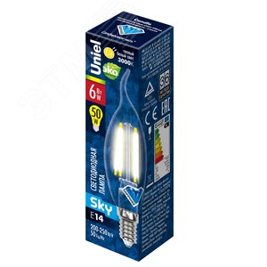 Лампа светодиодная LED 6вт 200-250В свеча на ветру прозрачное 500Лм Е14 3000К Sky филамент