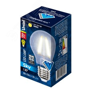 Лампа светодиодная LED 8вт 200-250В форма А матовое 800Лм E27 3000К Sky филамент