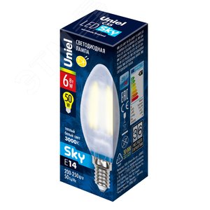 Лампа светодиодная LED 6вт 200-250В свеча матовое 500Лм Е14 3000К Sky филамент