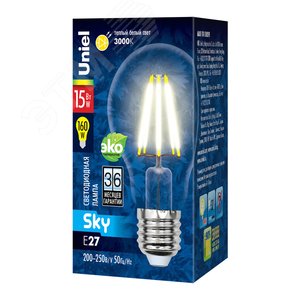 Лампа светодиодная, Форма A, прозрачная, Серия Sky, Теплый белый свет (3000K). картон, ТМ - фото 1