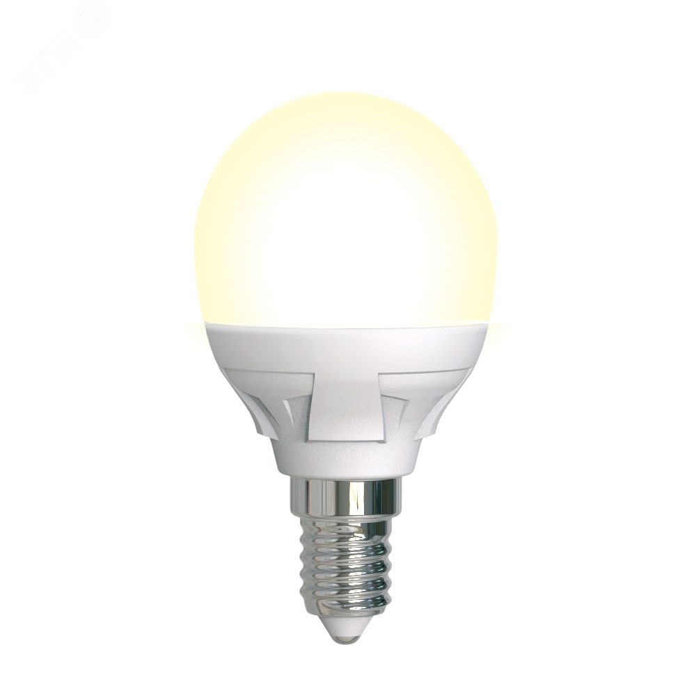 Лампа светодиодная, диммируемая. Форма ''шар'', матовая.  Яркая. Теплый (3000K). Картон. LED-G45 7W/3000K/E14/FR/DIM Uniel - превью
