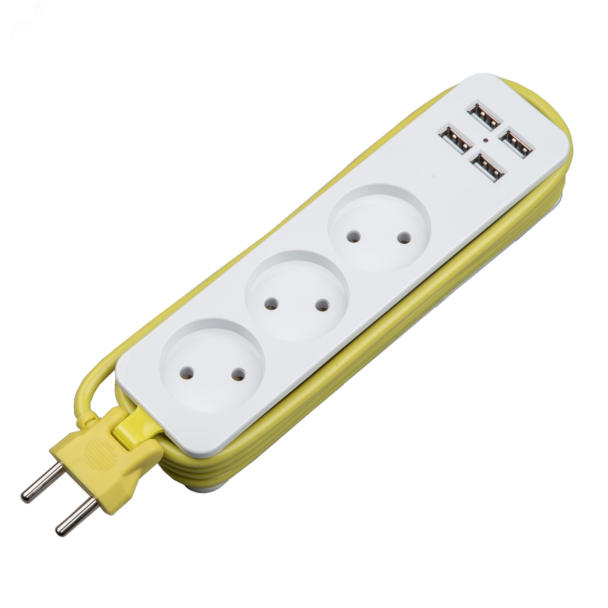 Изображение товара Удлинитель Travel с 3 гнездами и 4 USB портами 1,8м белый салатовый