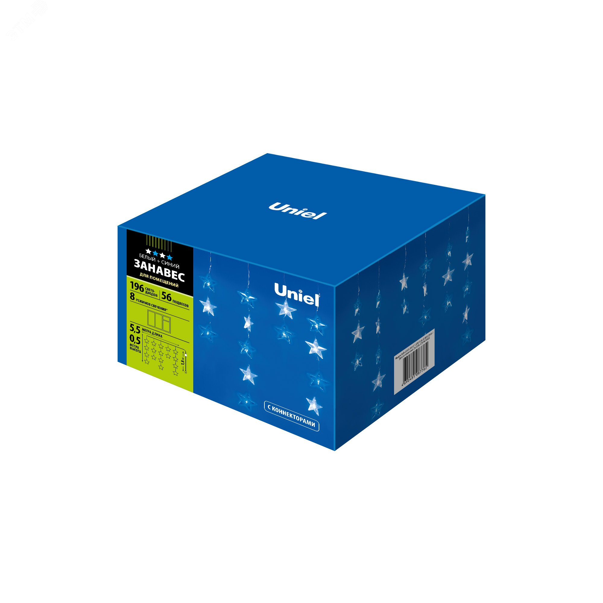 Изображение товара Занавес светодиодный фигурный Звёздочки-1 5,5х 0,5м 56 подвесов 196 светодиодов Белый и синий свет Провод прозрачный ULD-E5505-196/DTK WHITE-BLUE IP20 STARS-1 (шт)