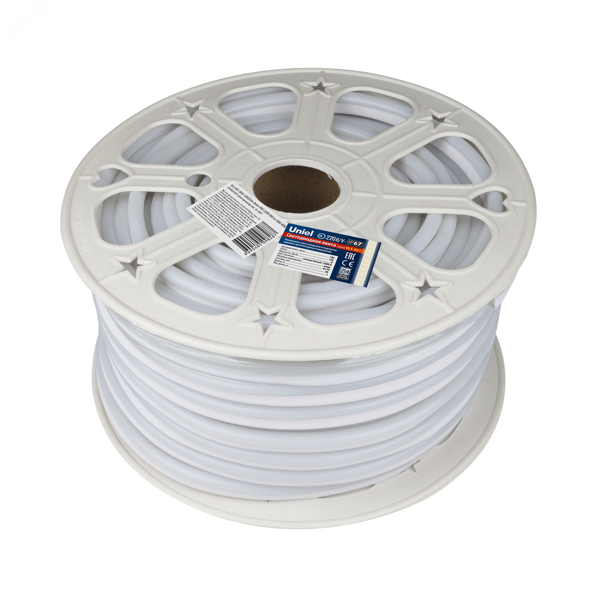 Изображение товара Лента светодиодная гибкая герметичная ULS-N21-2835-120LED/m-8mm-IP67-220V-8W/m-50M-WW. NEON. Бобина 50 м. Теплый белый свет (3000К) (шт)