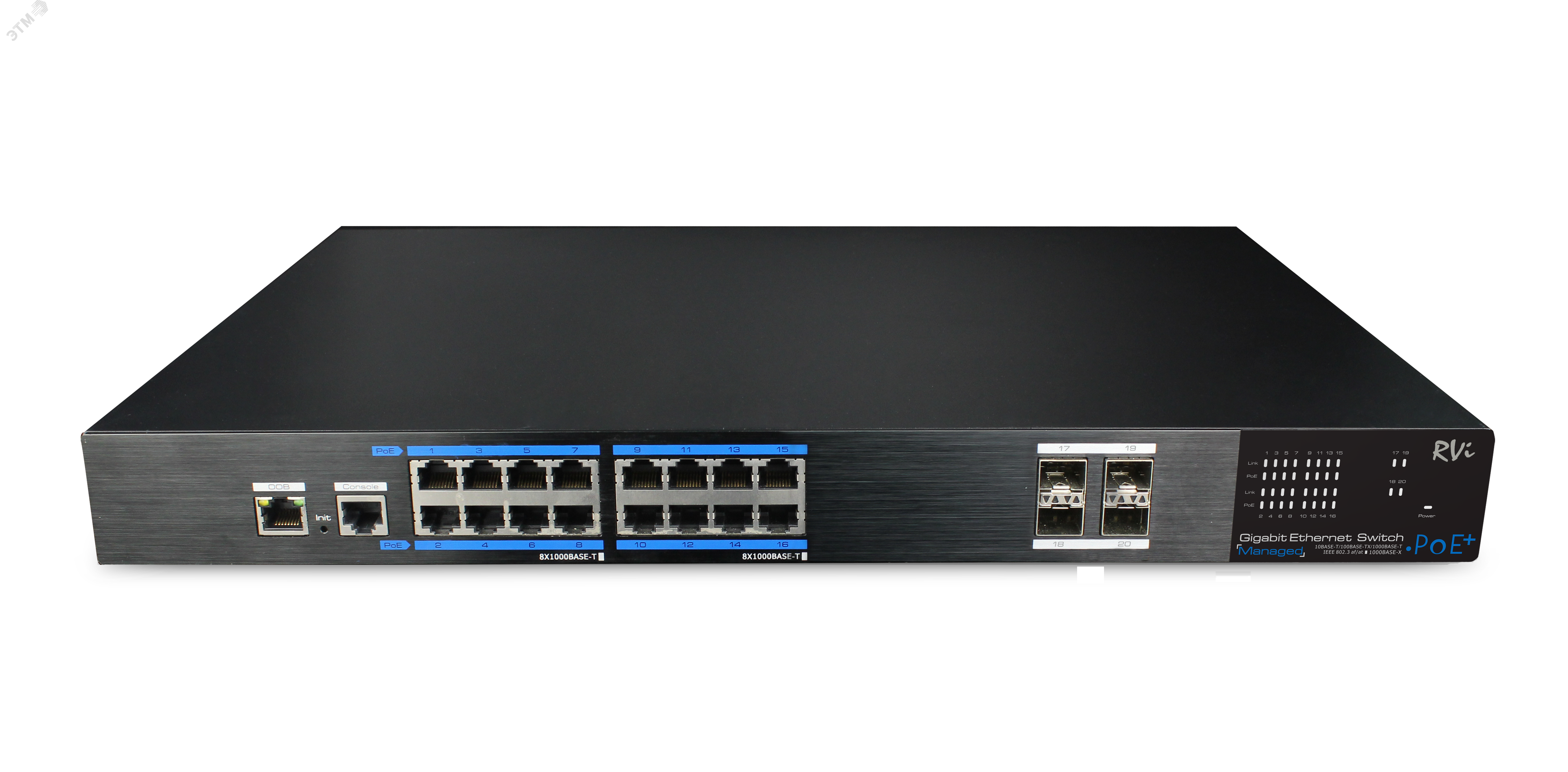 Изображение товара Коммутатор RVI 16К 20 портов PoE 270 Вт с SFP для корпоративных сетей