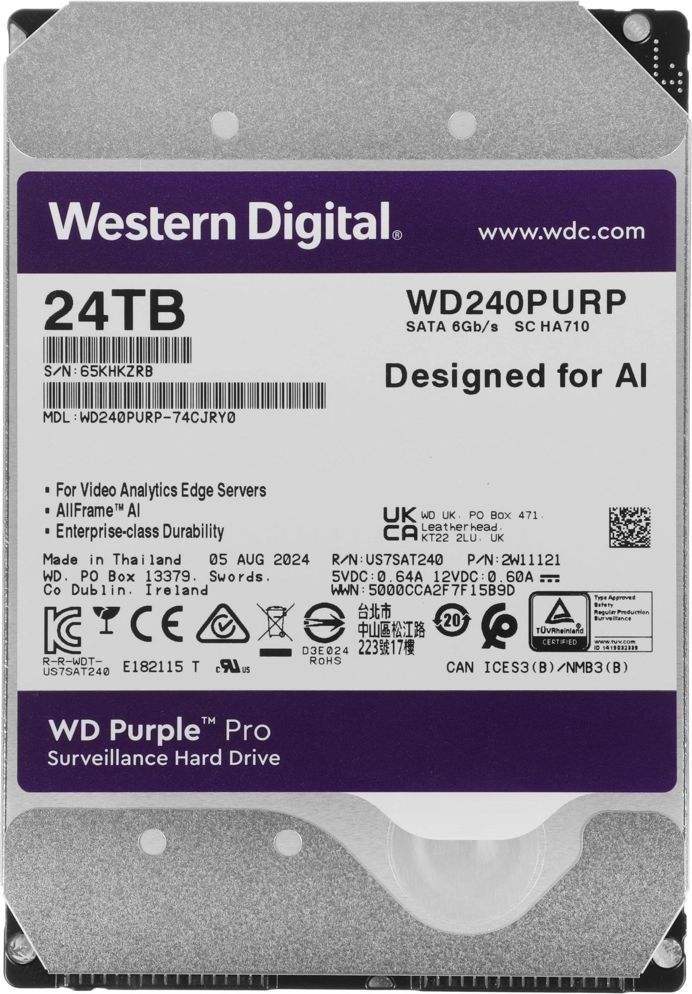 Изображение товара Жесткий диск 24TB Purple Pro 3.5'', SATAIII, 7200 об/мин, 287 МБ (шт)