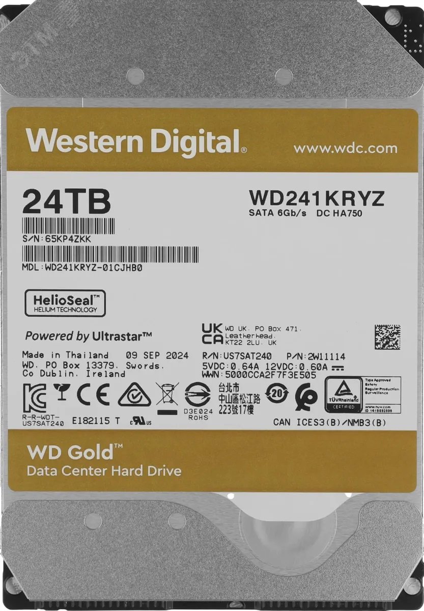 Изображение товара Жесткий диск 24TB Gold 3.5'', SATAIII, 7200 об/мин, 512 МБ (шт)