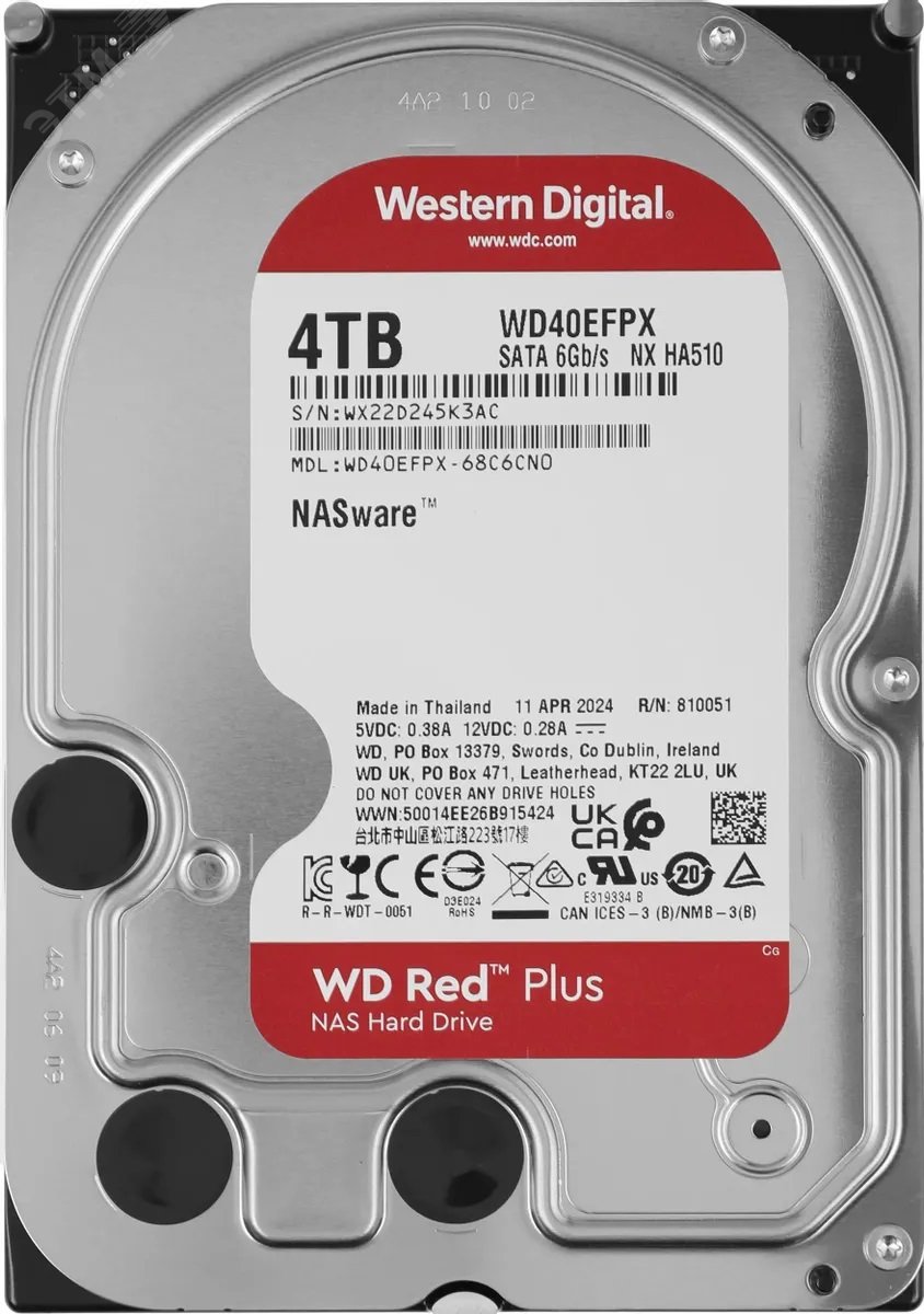 Изображение товара Жесткий диск 4TB Red Plus 3.5'', SATAIII, 5400 об/мин, 256 МБ (шт)