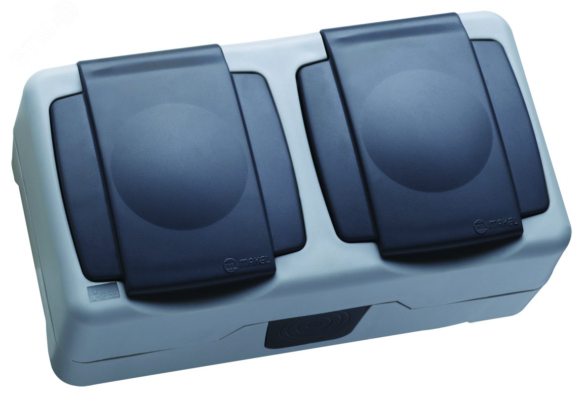 Изображение товара Розетка с заземлением и крышкой двойная IP55 серый Makel 36064201