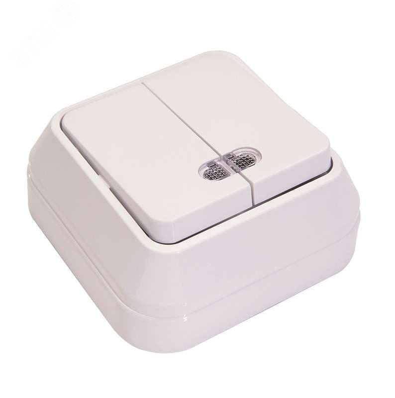 Изображение товара Выключатель двухклавишный наружный белый с подсветкой (шт)