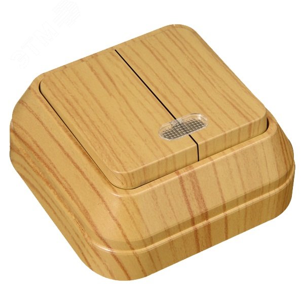 Изображение товара Выключатель двухклавишный наружный с подсветкой дуб Makel IP20