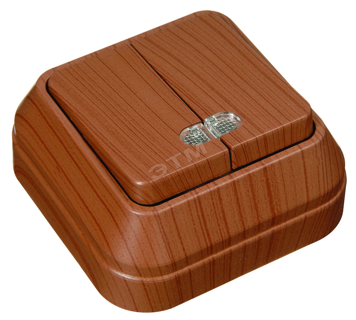 Изображение товара Двухклавишный наружный выключатель с подсветкой орех Makel