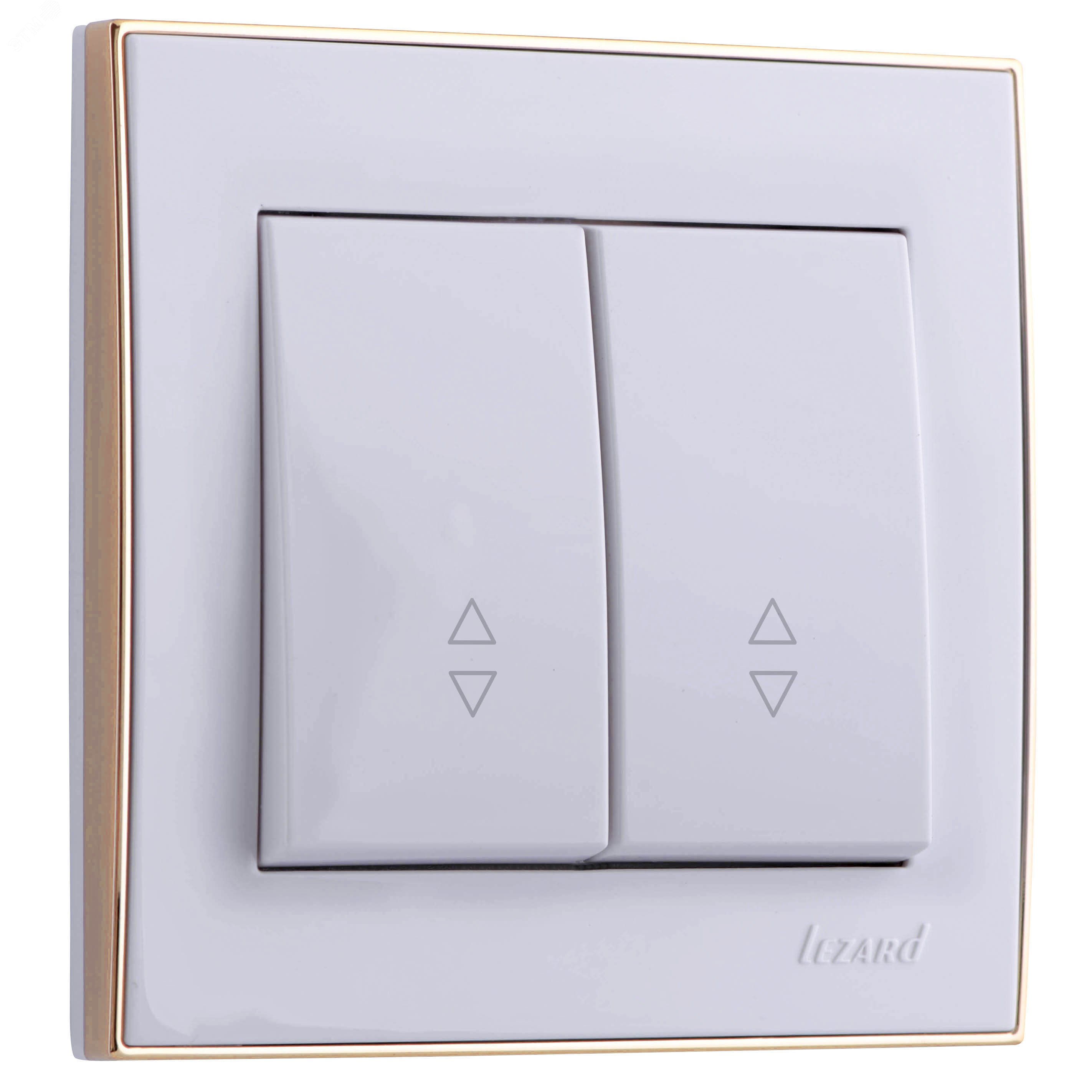 Изображение товара Выключатель проходной 2-клавишный белый с боковой вставкой золото Lezard RAIN