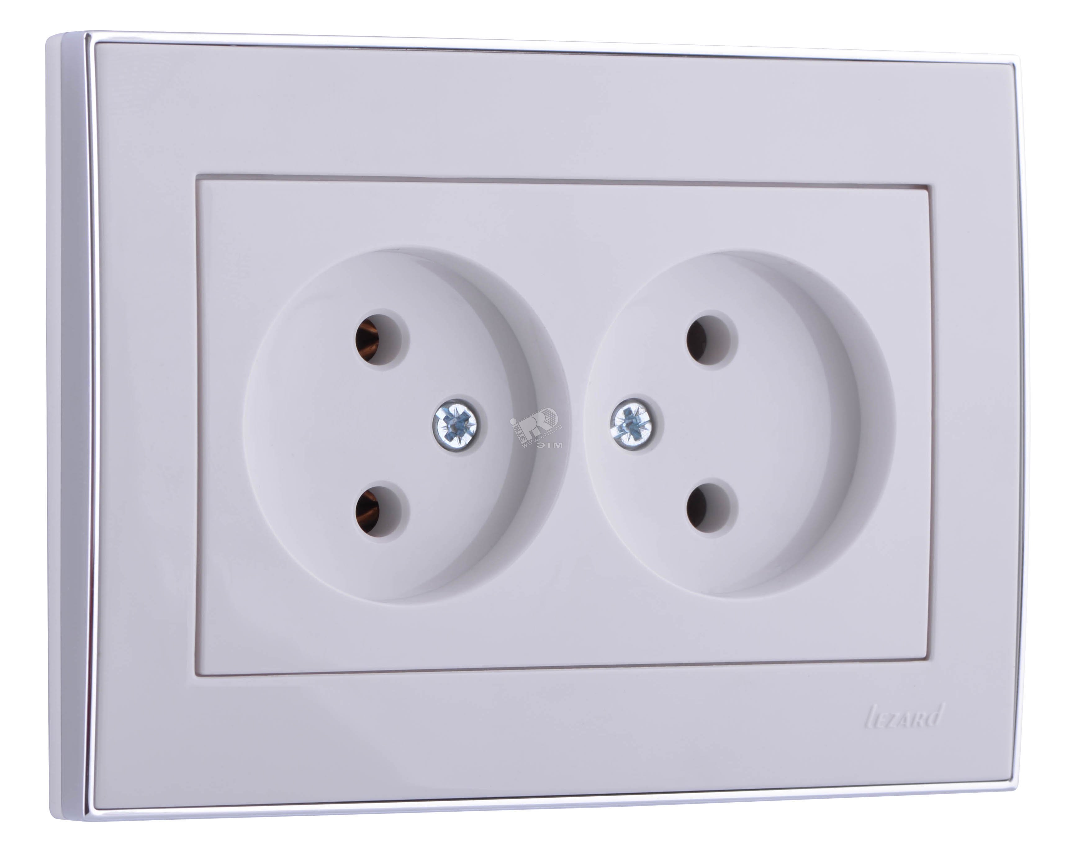 Изображение товара RAIN Розетка двойная без заземления керамика белая с боковой вставкой хром