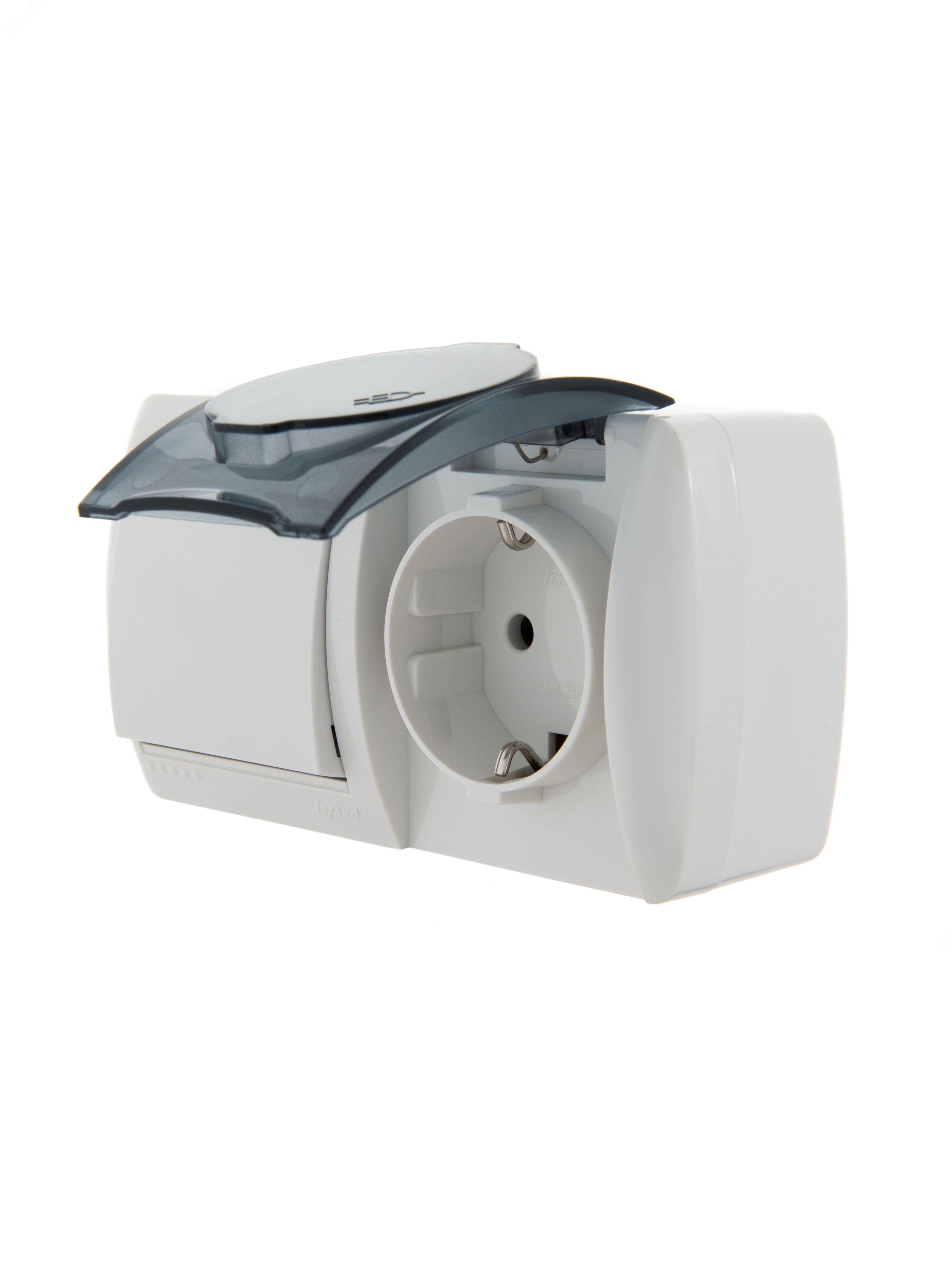 Изображение товара Выключатель одноклавишный с розеткой и заземлением белый горизонтальный