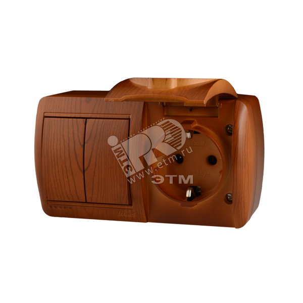 Изображение товара Выключатель х2 и розетка с заземлением с крышкой сосна горизонтальный Lezard