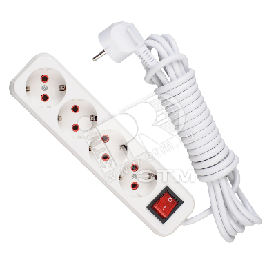Изображение товара Удлинитель 4 розетки 5м заземление выключатель Белый Lezard LILA